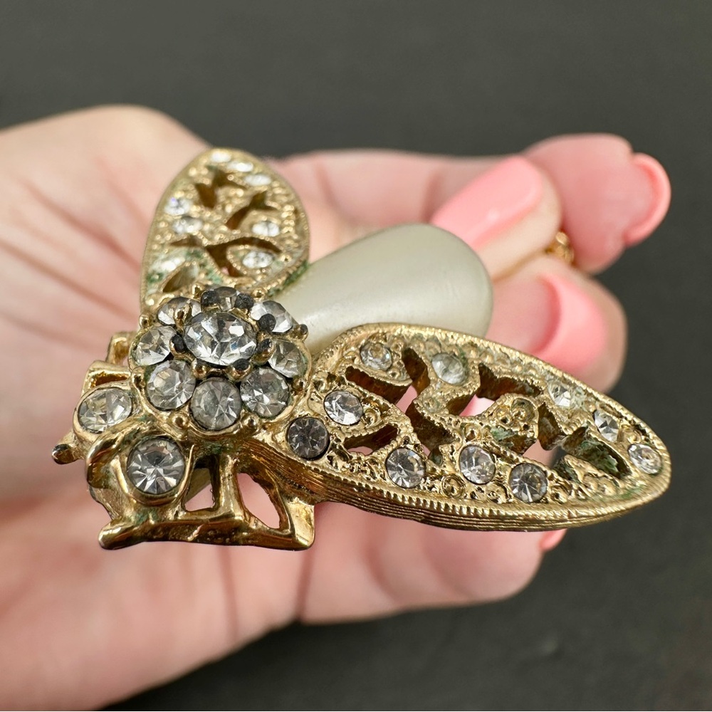 Vintage Bee Fly Bug Insect Stick Hat Lapel Pin Gold Tone Rhinestone Faux Pearl - Picture 9 of 16